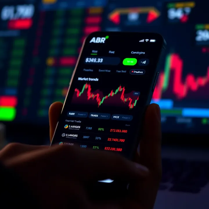 User interface of ABR trading app displaying market trends and trading options on a mobile device