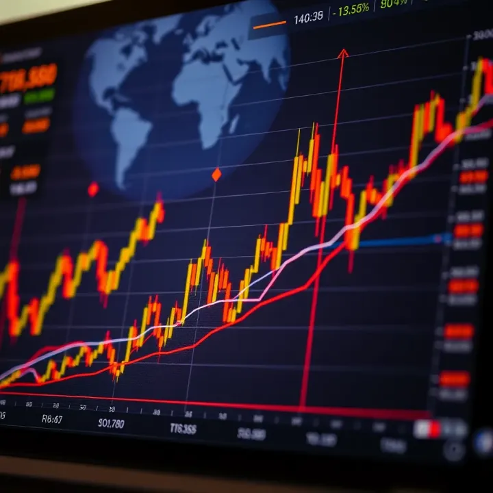 Graph depicting rising financial market trends and technical analysis indicators