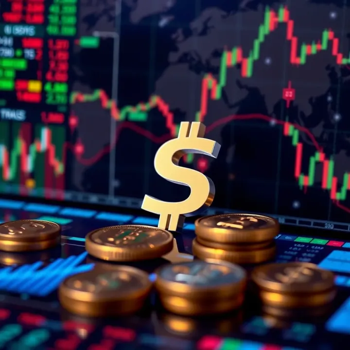 Digital currency symbols surrounded by global financial data and charts