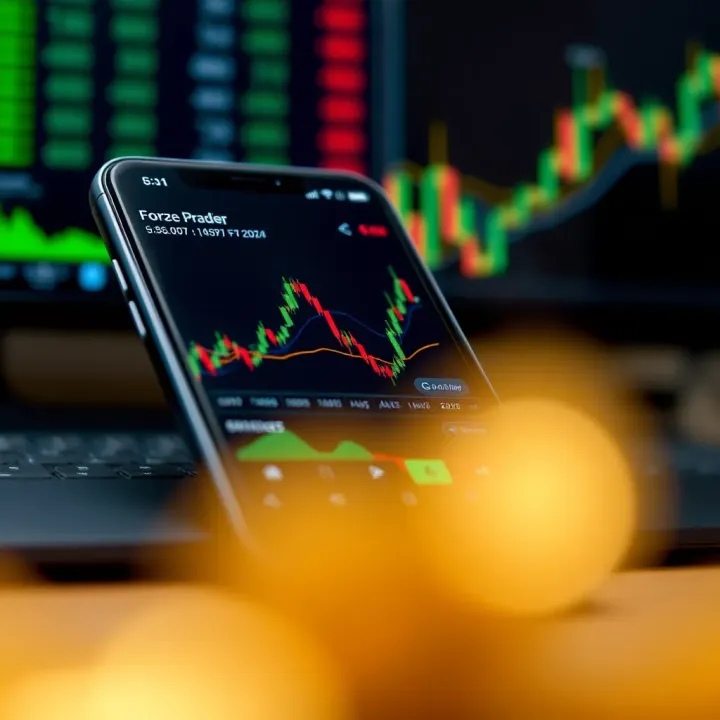 Mobile phone screen displaying a forex trading app interface with charts and currency pairs