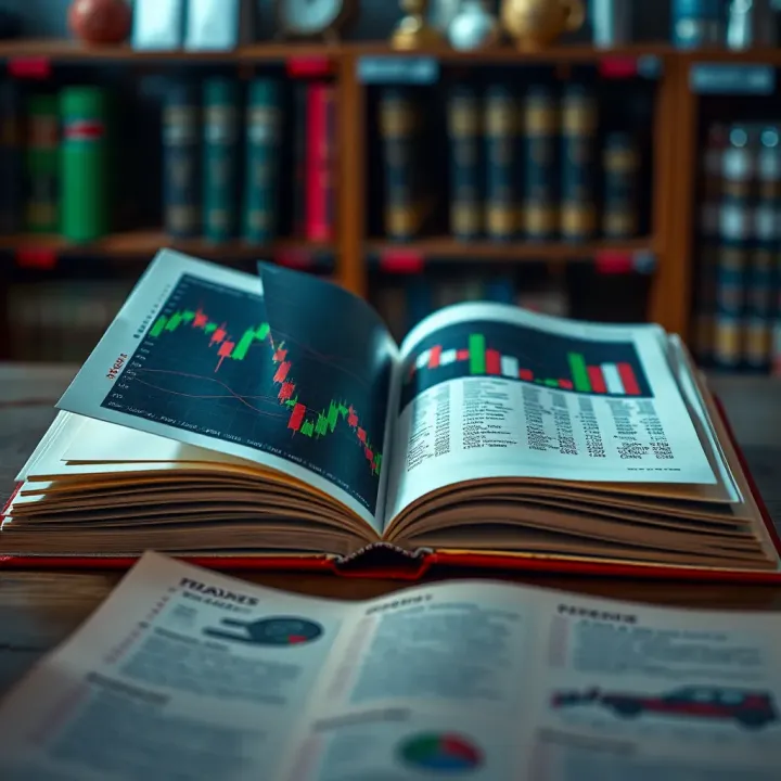 Open book displaying charts and currency exchange symbols for forex trading education