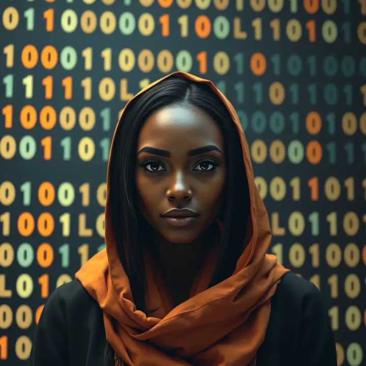 Digital avatar representing a female Bitcoin trader using a binary code background to symbolize pseudonymous identity