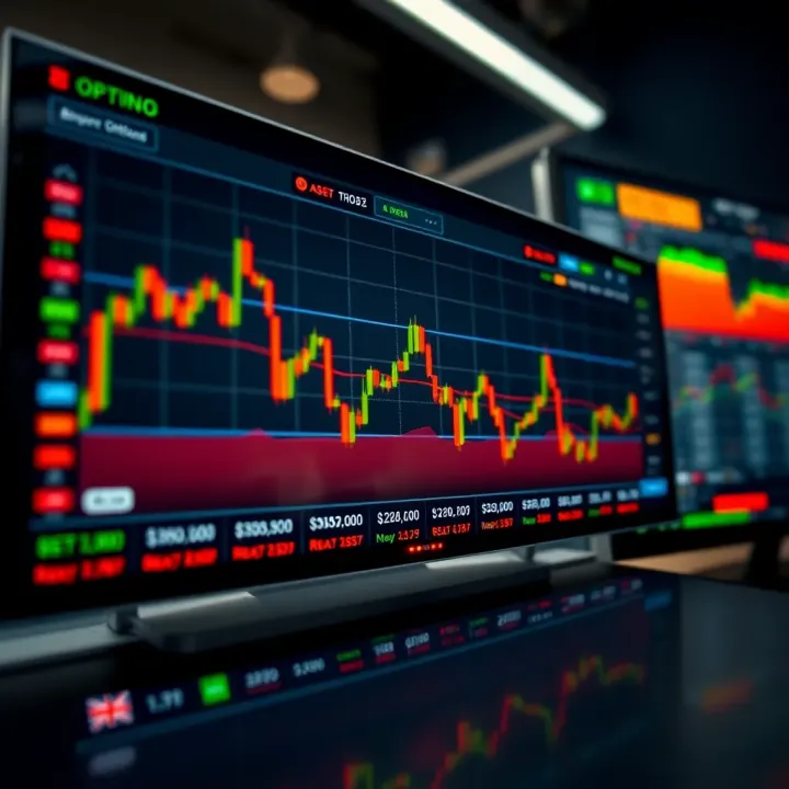 Visualization of a trading platform interface with asset price indicators and binary options selection buttons