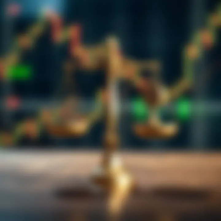 Illustration of a balanced scale with money management icons and trading psychology symbols