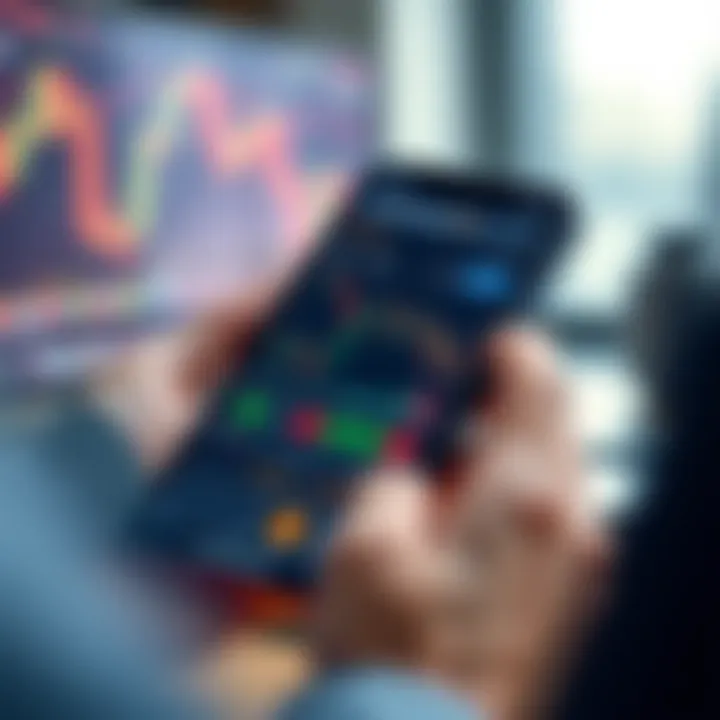 Mobile device displaying a trading app interface with charts and market data