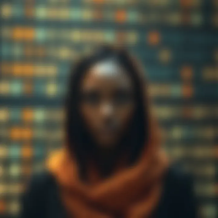 Digital avatar representing a female Bitcoin trader using a binary code background to symbolize pseudonymous identity