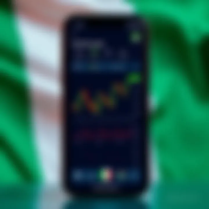 Mobile phone displaying crypto trading app interface with charts and Nigerian flag in background