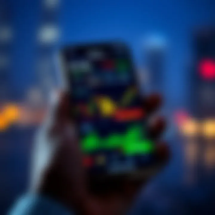 Mobile phone showing bitcoin trading interface with currency charts and market trends