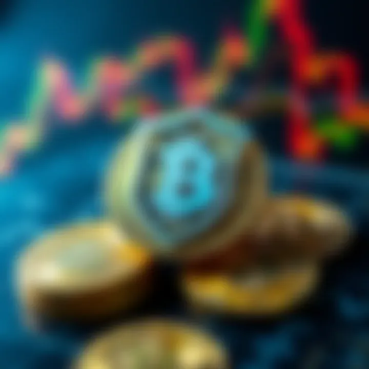 Security shield icon overlaying digital bitcoin coins symbolizing protection and secure trading