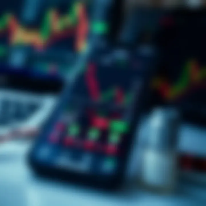 Mobile device displaying a forex trading app interface with candlestick charts and market indicators