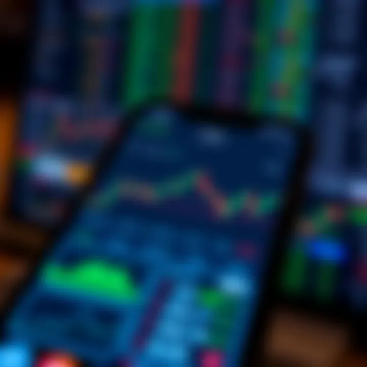 Smartphone screen displaying a forex trading app interface with currency charts and indicators