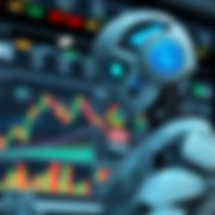 Illustration of a forex trading robot analyzing market data with charts and currency symbols