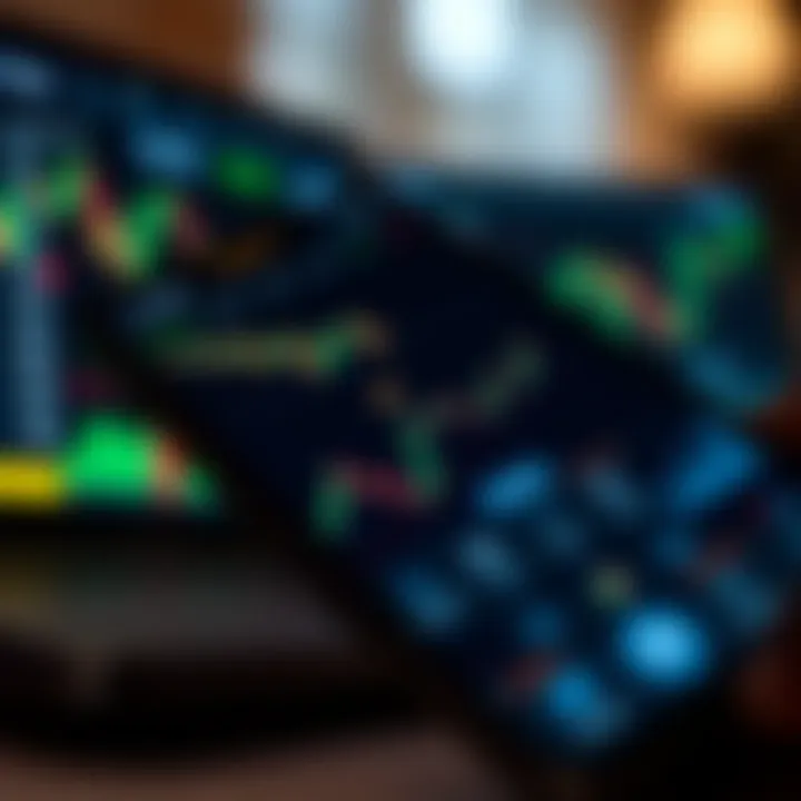 Smartphone displaying financial charts and graphs in a trading application interface