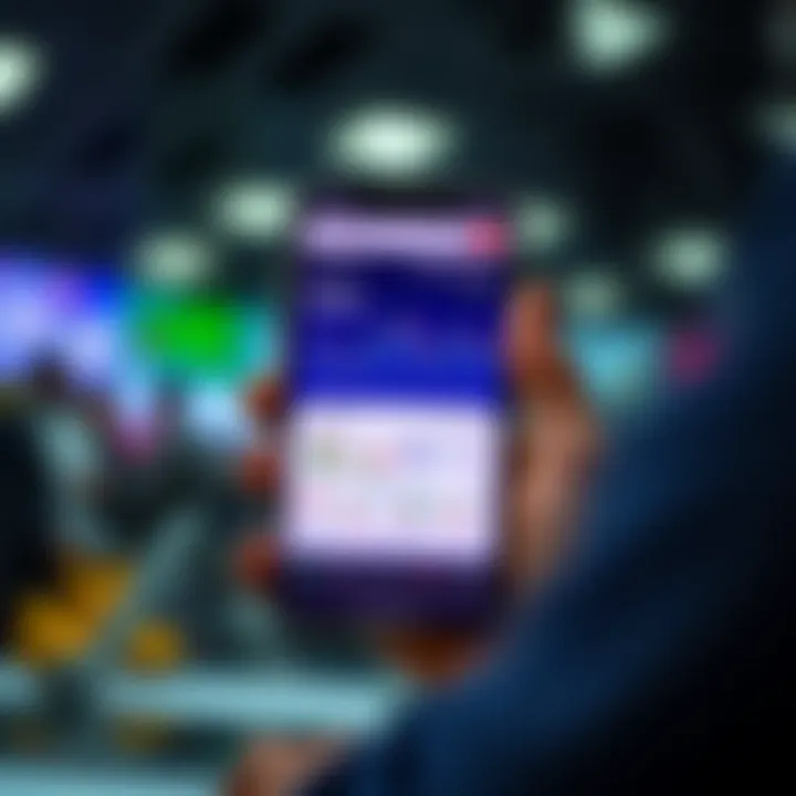 Mobile phone displaying stock trading app interface with charts and portfolio overview