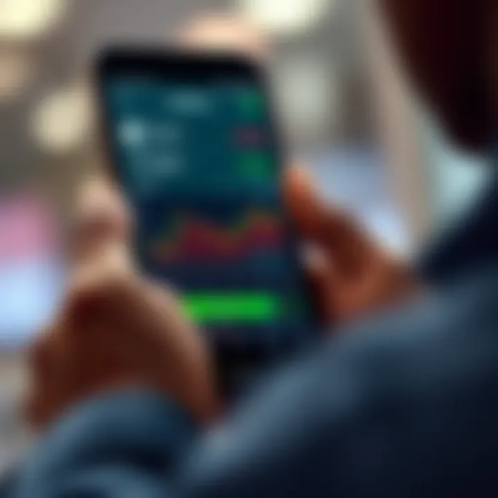 User interacting with a stock trading app showing real-time market data and charts on a smartphone screen