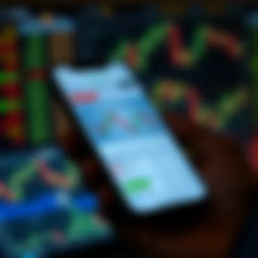 Trading App Interface Showing Financial Charts and Data Mobile phone displaying a trading app interface with charts and financial data