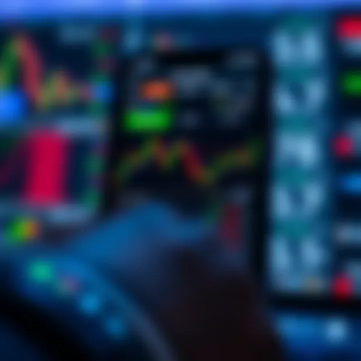 Mobile phone displaying forex trading app interface with charts and currency exchange rates