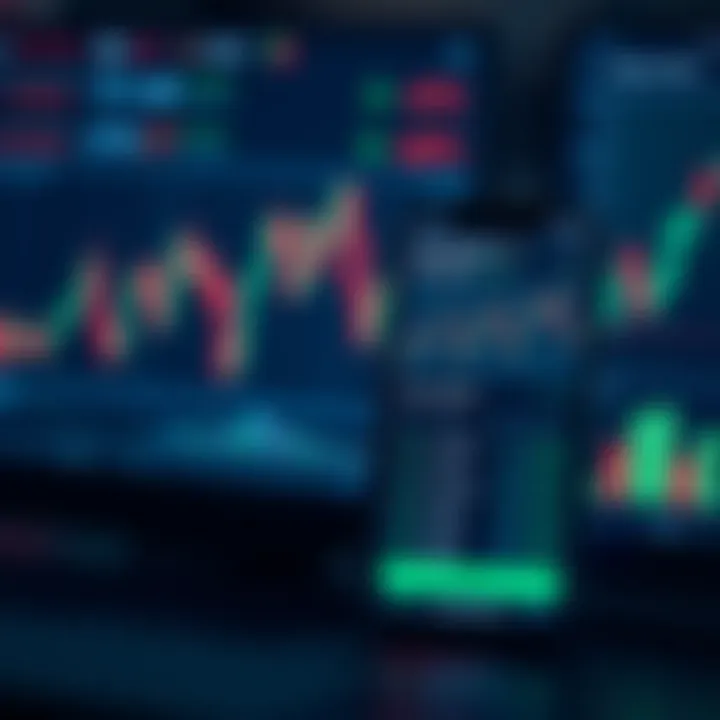 Visual representation of financial market trends and data analytics with overlay of a mobile trading platform