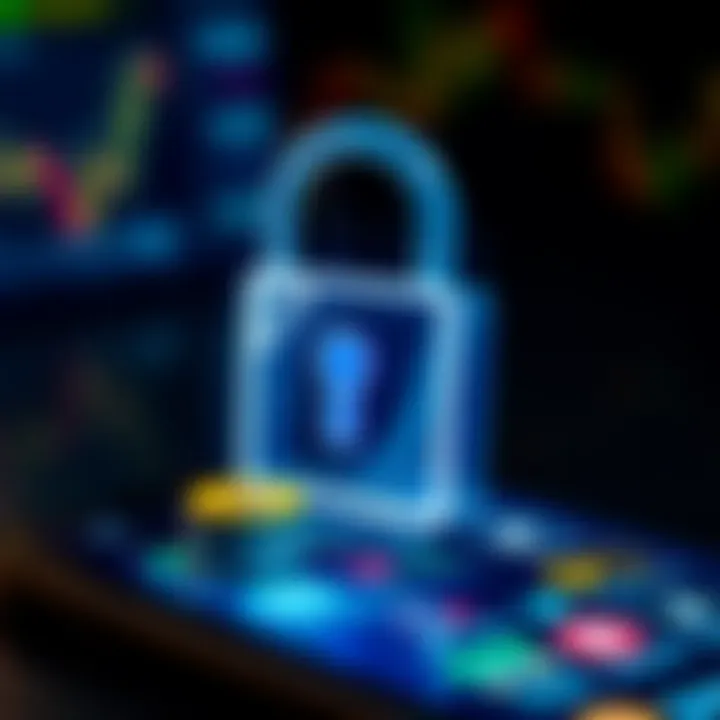 Secure digital lock symbol overlaid on a smartphone showing crypto assets and security features
