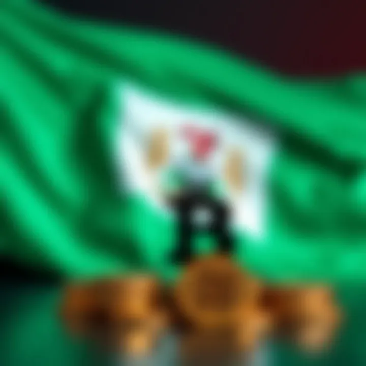 Digital currency symbols with Nigerian flag background symbolizing cryptocurrency trading in Nigeria