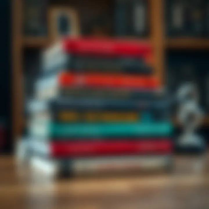 A collection of essential forex trading books stacked on a wooden desk