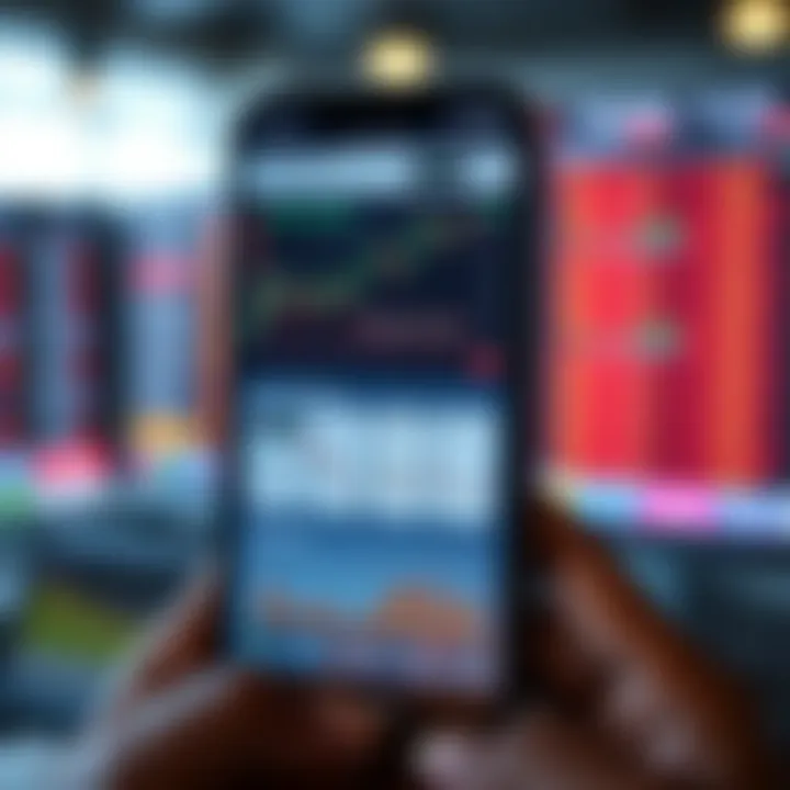 Mobile phone displaying a forex trading app interface with currency charts and trading options visible