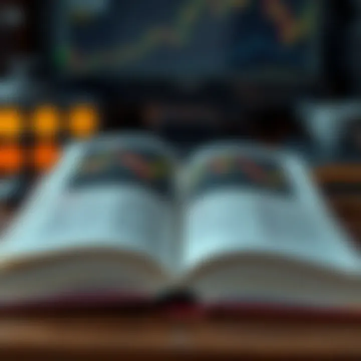 Open book displaying forex trading charts and currency symbols