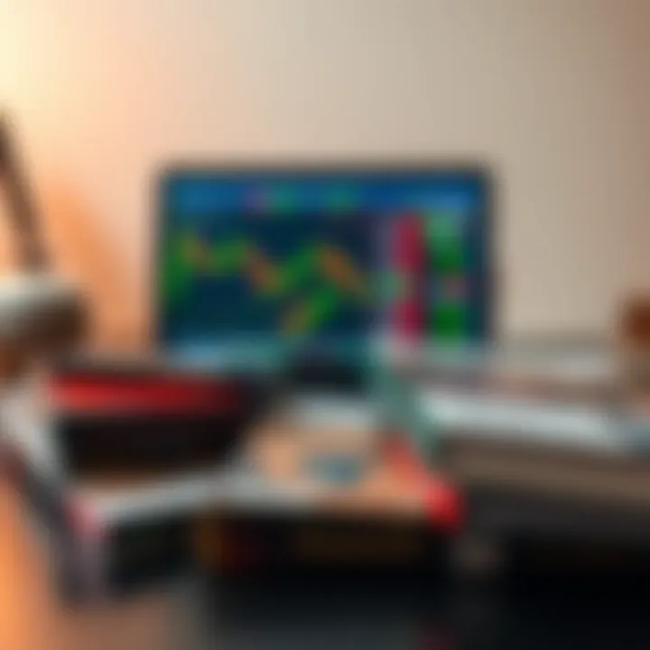 Collection of forex trading books and a laptop showing currency exchange rates