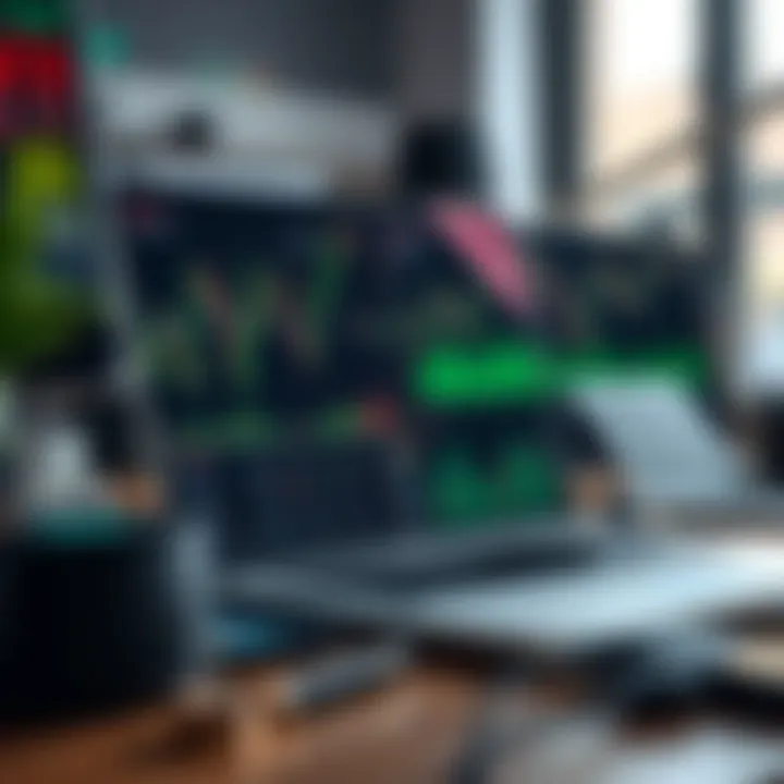 Collection of forex trading tools including charts, indicators, and a laptop screen displaying market analysis