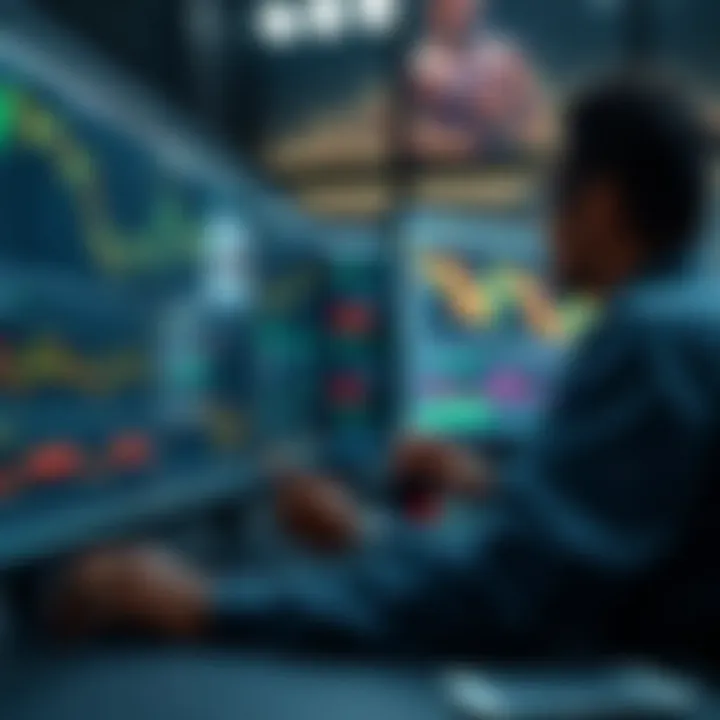 Illustration of a trader analyzing multiple screens with forex market charts and data