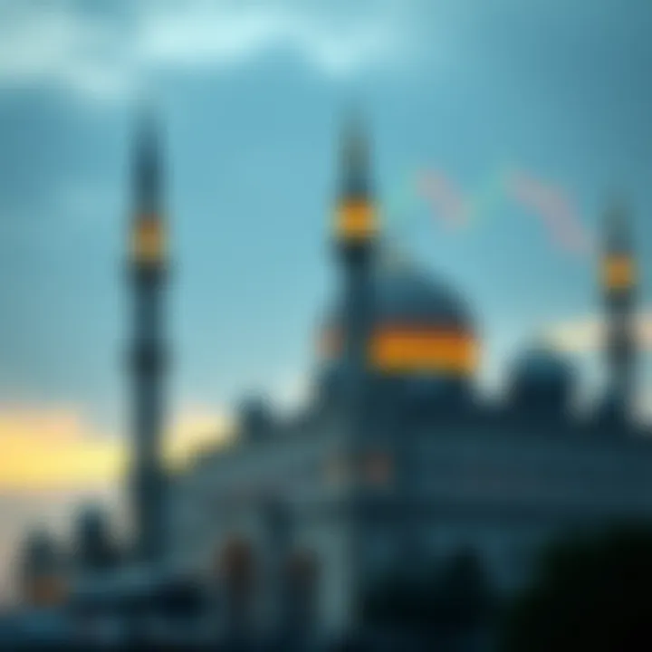 Islamic finance principles symbolized by a mosque and financial graphs linking religion and trading