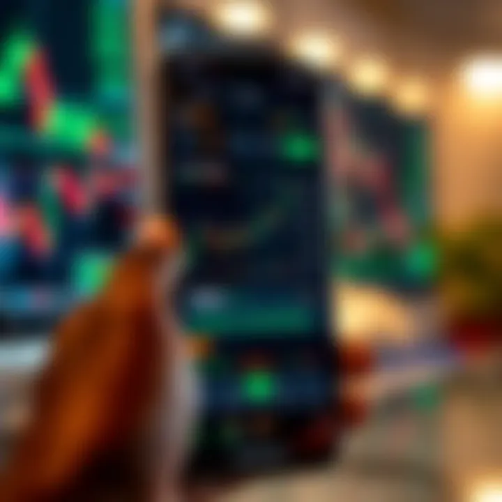 Mobile phone displaying cryptocurrency trading charts and statistics in a sleek app interface