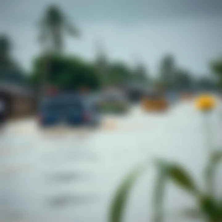 Flooded Nigerian village with emergency response vehicles and local community members assessing the situation