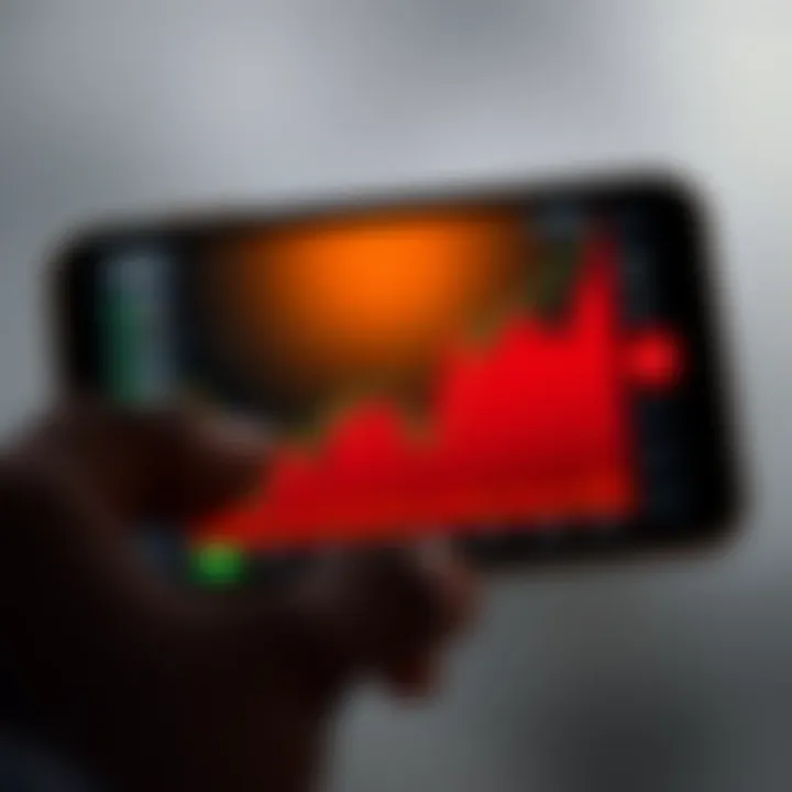 Graph showing upward and downward market trends overlaid on a smartphone screen used for trading cryptocurrencies