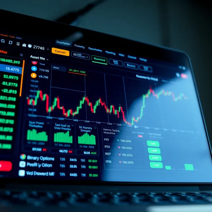 Dashboard of a binary option trading platform showing asset charts and trading options