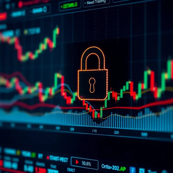 Secure cryptocurrency trading platform interface with graphs and lock icon