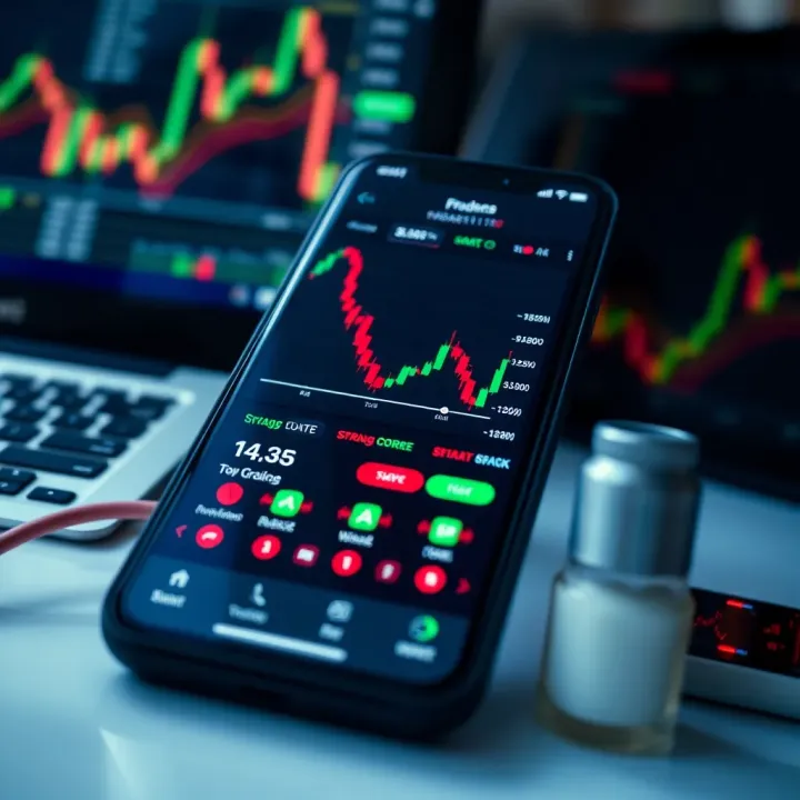Mobile device displaying a forex trading app interface with candlestick charts and market indicators