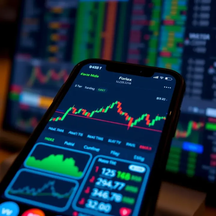 Smartphone screen displaying a forex trading app interface with currency charts and indicators