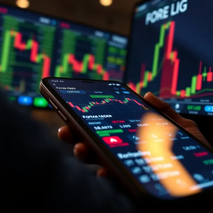Mobile device showing forex trading application interface with charts and currency data