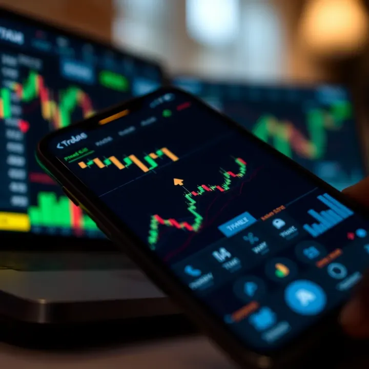 Smartphone displaying financial charts and graphs in a trading application interface