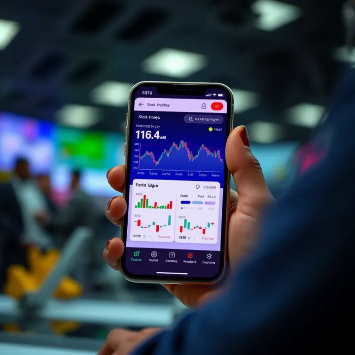 Mobile phone displaying stock trading app interface with charts and portfolio overview