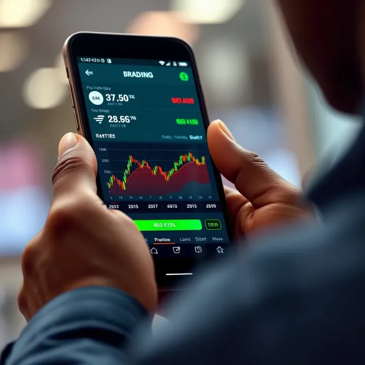 User interacting with a stock trading app showing real-time market data and charts on a smartphone screen