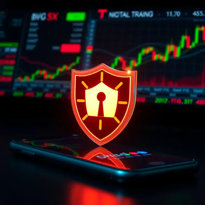 Safe and secure digital trading environment with protective shield symbol over a smartphone