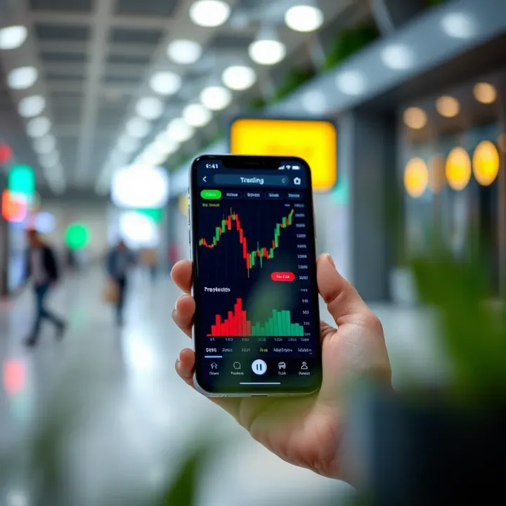 Mobile phone displaying a user-friendly trading application interface with charts and trading options