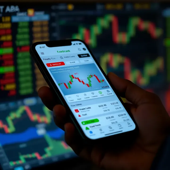 Mobile phone displaying a trading app interface with charts and financial data