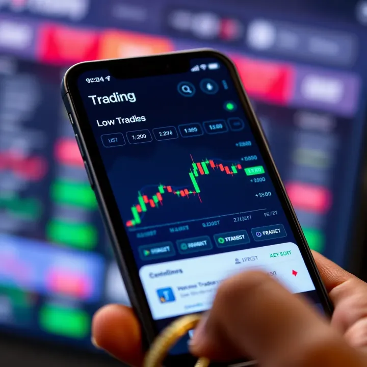 Smartphone displaying a trading app interface with charts and investment options