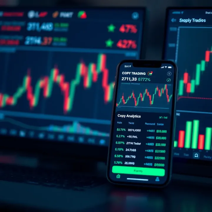 Visual representation of financial market trends and data analytics with overlay of a mobile trading platform