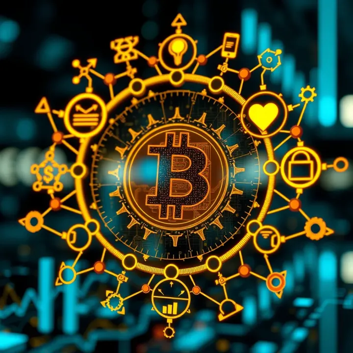 Abstract visual representation of brand identity with interconnected symbols and digital motifs reflecting the dynamic and secure nature of crypto markets in Nigeria