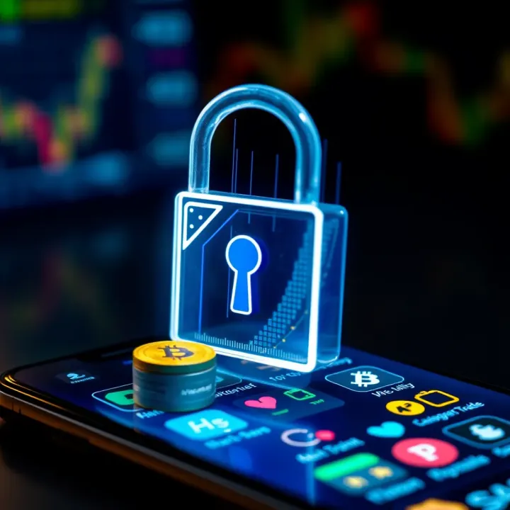 Secure digital lock symbol overlaid on a smartphone showing crypto assets and security features