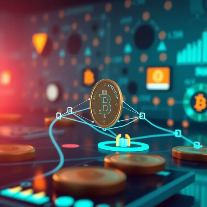 Digital representation of cryptocurrency symbols interacting with technology network